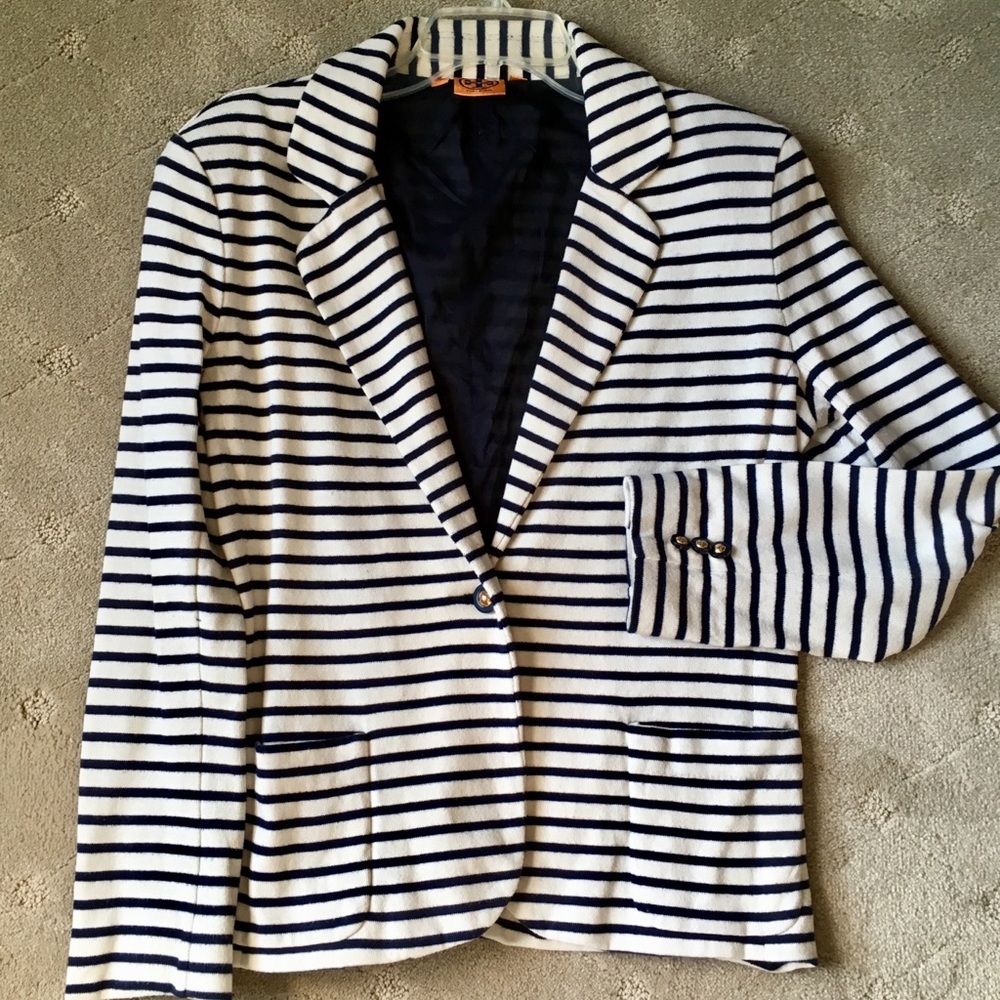 Tory Burch Magnus Striped Cotton Knit Blazer Large